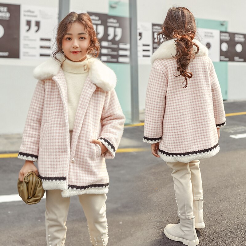 Kids Girls Woolen Jackets Winter Long Plaid Woolen Jackets Fur Collar Outerwear Teenager Girl Wool Coat Children Clothing