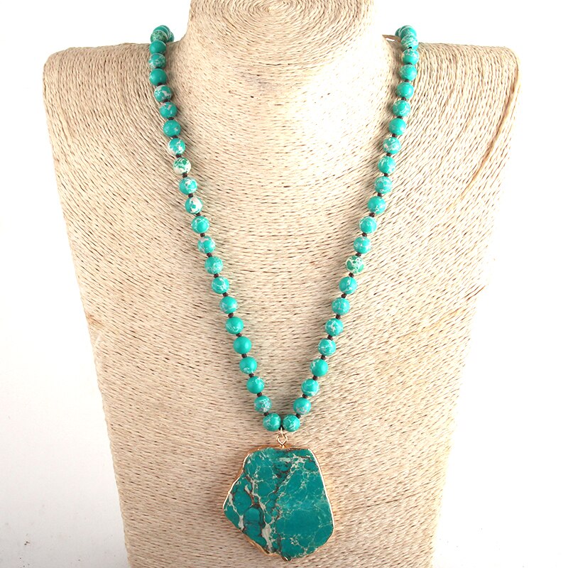 RH Boho Schmuck Blau Grün Stein Lange Verknotet Stein Anhänger Halsketten Frauen Halskette