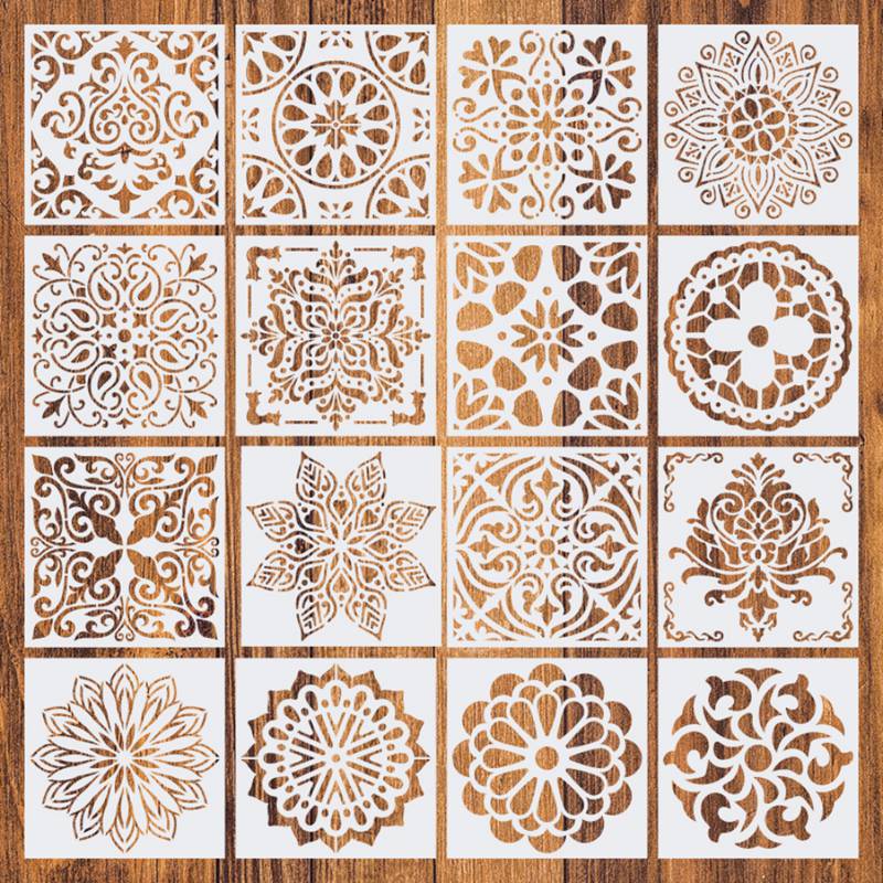 Pochoir de dessin mural de Mandala | Pour peinture, modèle de décoration, bricolage, pochoir cadre Photo 15x15cm #7, 16 pièces/lot