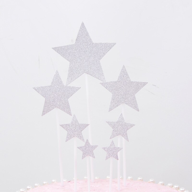 7Pcs Ster Hartvormige Verjaardag Taart Decoratie Kaart Set Dessert Kaart Gouden Rode Ster Liefde Decoratie Kaart Set: Silver Star