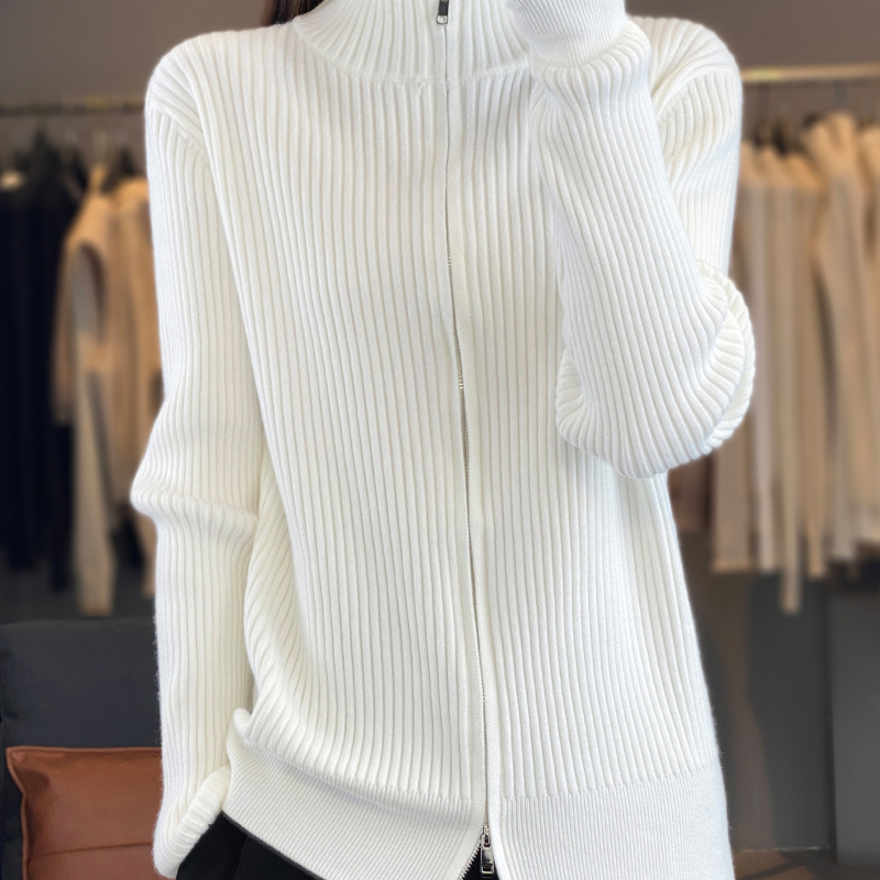 Talvi naisten neuleet kashmirvillainen neuletakki korkea kaulus pitkähihainen tuplavetoketjullinen lämmin pehmeä perustoppi: M / Valkoinen