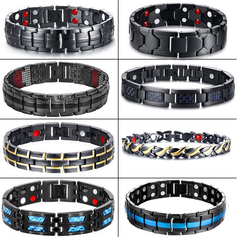 Frauen Männer magnetisch die Gesundheit Armband Schwarz Titan Stahl Energie Therapie 4 in1 Magnete Negativ Ionen Germanium Armreifen