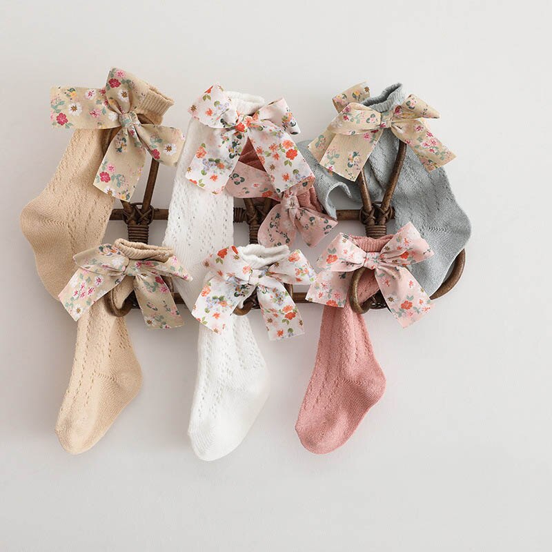 Calzini per bambini a fiori calzini estivi traspiranti per bambini calzini alti per bambina fiocchi stampati calzini lunghi per bambini sottili vuoti