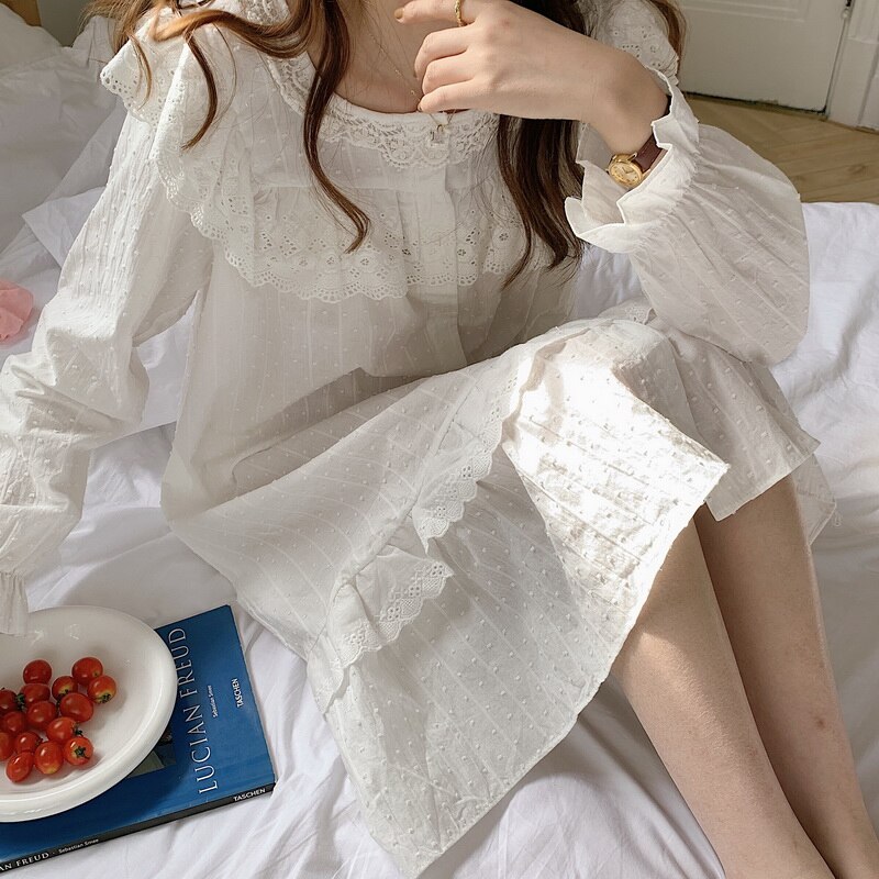 Casual Jacquard Lacework Witte Nachtjapon Vrouwen Stip Enkele Breasted Ruches Lange Mouwen Nachthemd Slaap Jurk Koreaanse D108
