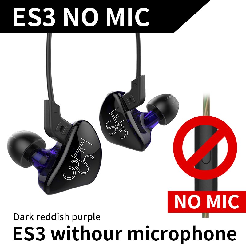 Kz  es3 1dd+1ba hifi sport in-ear øretelefoner dynamisk driver støjreducerende headset erstatningskabel  zs10 es4 zs3 ed12 zst zsn: Lilla ingen mikrofon