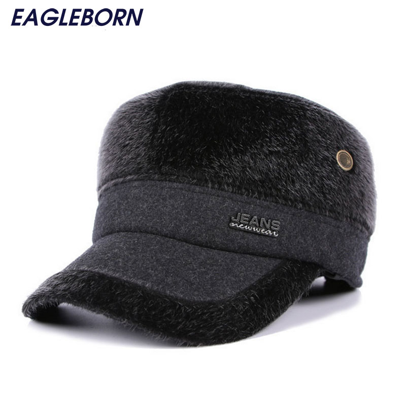 Vinter mænd flad top drake cap faux pels hat chapeu patchwork hætter med øreflap beskytter ører tykkere gorras far hat