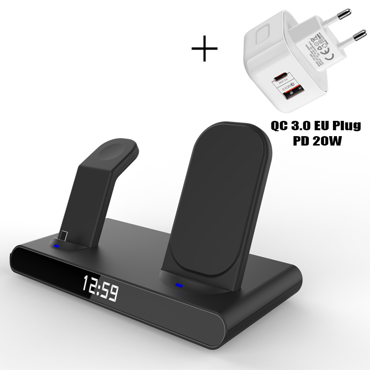 3 in 1 kabellos Ladestation Für iPhone 13 12 11 Profi Max/Apfel Uhr/AirPods LED Digital wecker Drahtlose Ladegerät Stehen: Schwarz-EU Stecker(C)