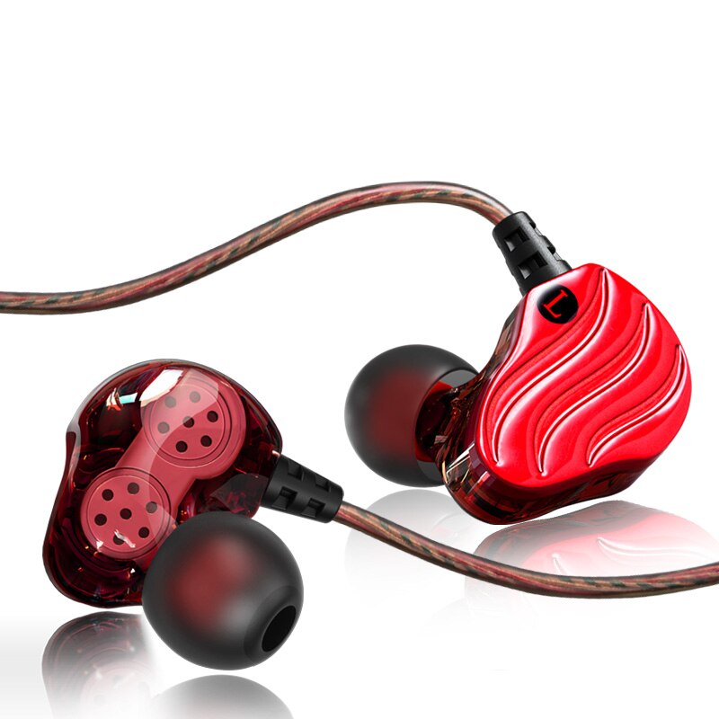 REHIMM Dual Dynamische Coil In-Ear Sport Muziek Telefoon Oortelefoon 2-Speaker Heavy Bass Stereo Draad-Oordopjes MIC microfoon: Rood