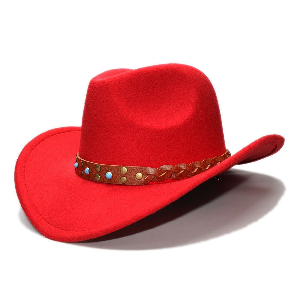 LUCKYLIANJI Womem Men Female Male's Wool Felt Western Cowboy Hat Wide Brim Cowgirl Braid Leather Band (One Size:57cm): Red