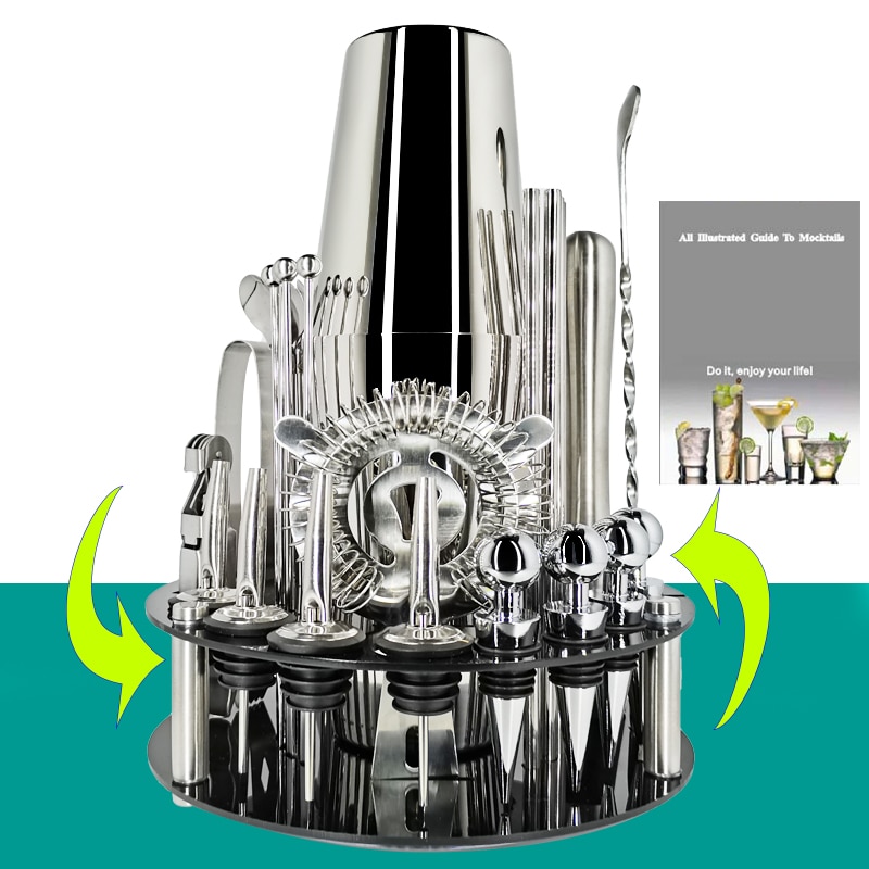Stainless Steel Premium Bartender Kit for Home,Bar,Party Bar Set,30-Piece Cocktail Shaker Set with Round Rotating Display Stand