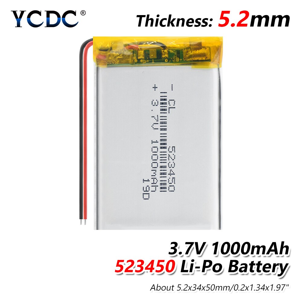 Batería Lipo para MP3 y MP4, recargable vía Baterías de polímero de litio, de 2/4 mAh, 523450 V, 1000mAh, duradera, de 3,7 mAh, 1/1000 Uds.