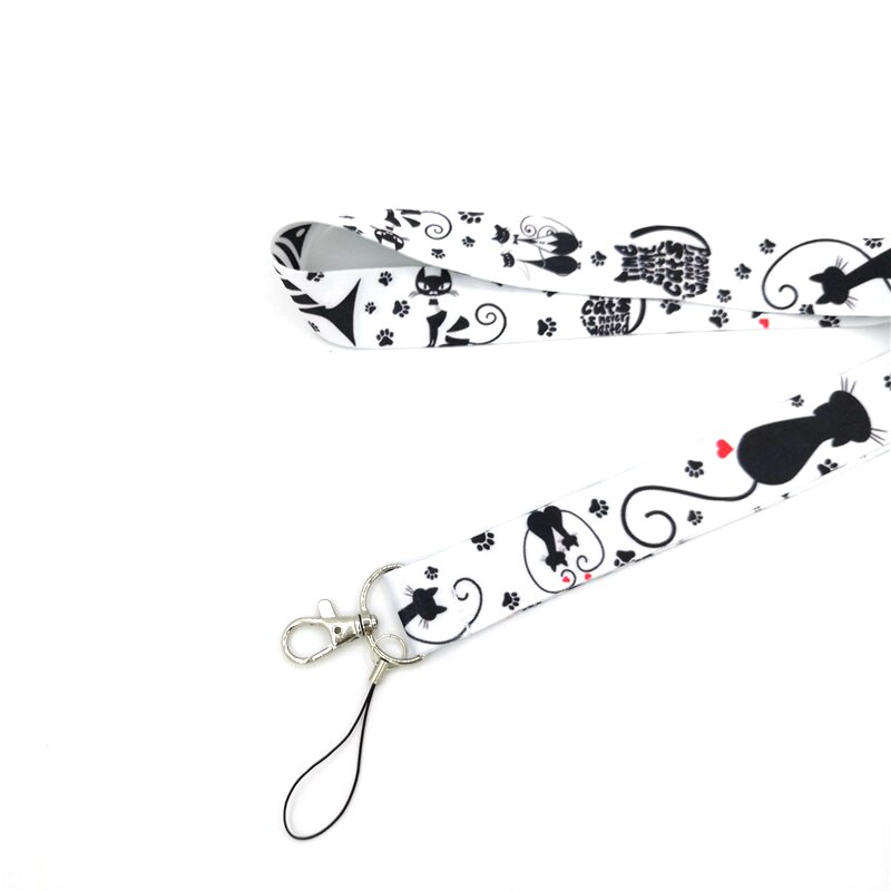 Zwarte Kat Cartoon Lanyard Voor Sleutels Keycord Usb Id Badge Houder Hals Bandjes Hang Touw Singels Lint Sleutelhanger Lanyards