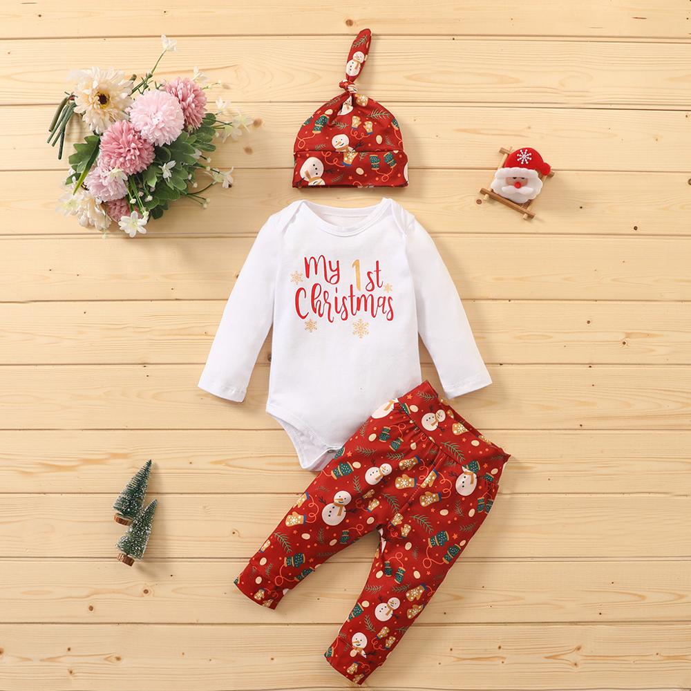 Mijn Eerste Kerst Sets Baby Baby Jongens Meisjes Brief Romper Print Broek Hoed Xmas Outfits Herfst Peuter Baby Mode Sets