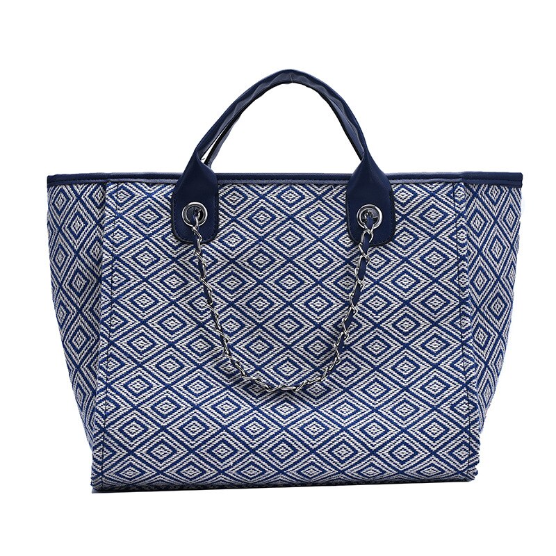 Canvas Women Large Capacity Tote Bags Prints Shopping Bags Ladies Chain Shoulder Bag: Diamond Blue