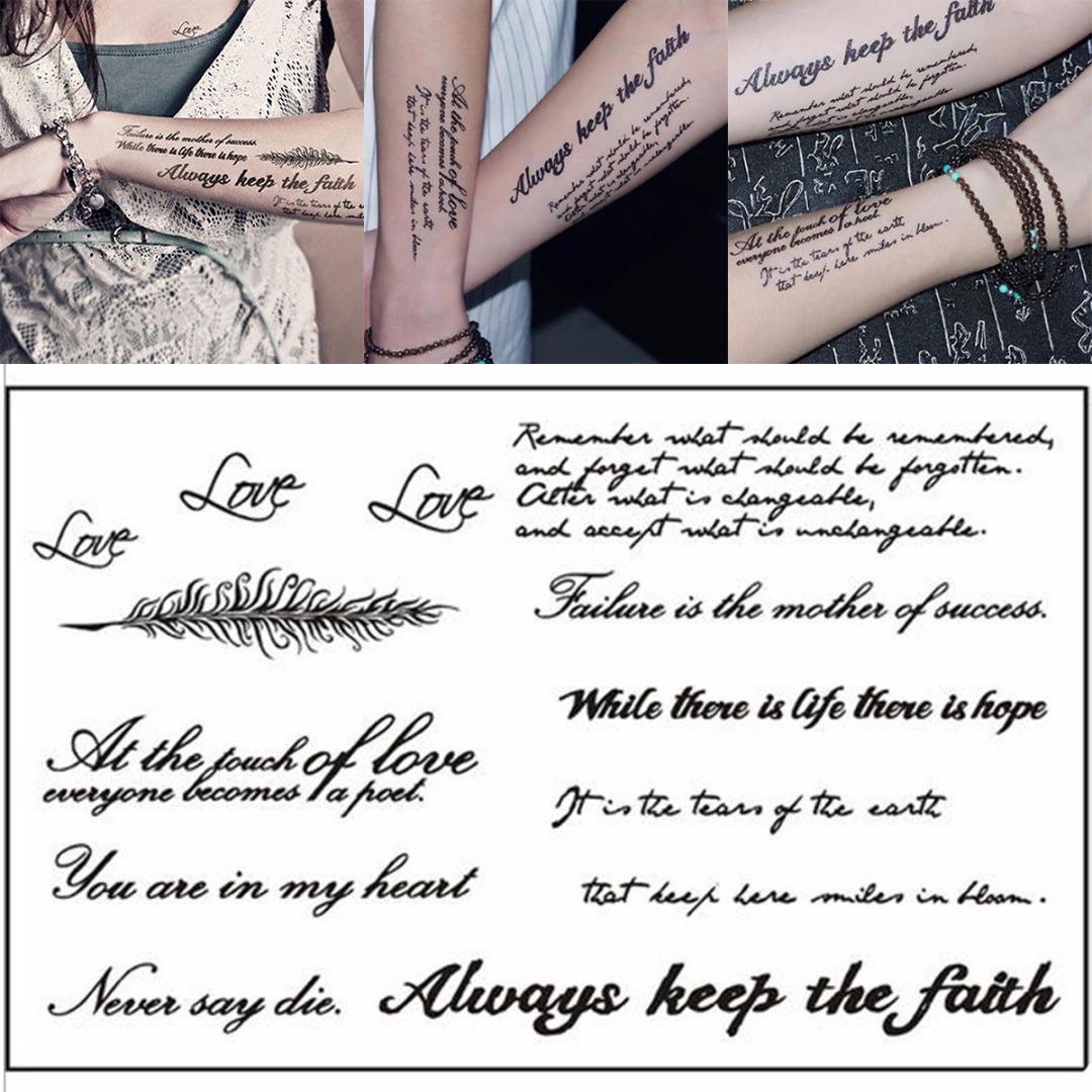 1 feuille temporaire anglais mot tatouage autocollants noir lettres plume corps Art tatouages autocollant imperméable pour tatouages temporaires