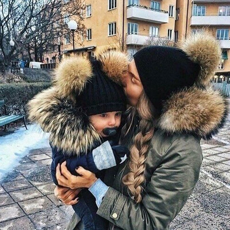 Baby børn voksne vinter varm beanie dobbelt pels pom bobble strikket hat cap