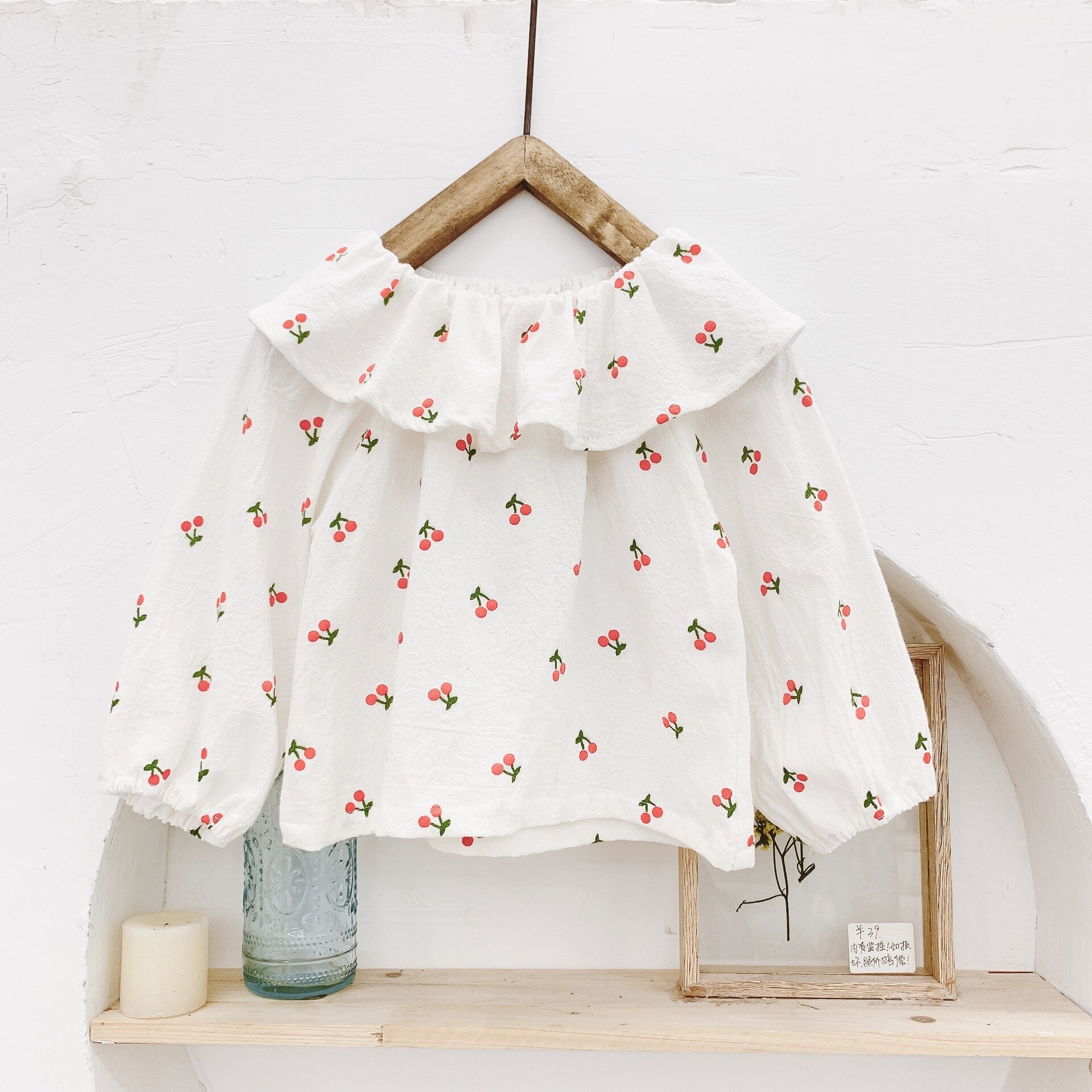 Forår koreansk stil baby piger store turn-down krave kirsebær bluser 1-5 år sød pige løs afslappet skjorter børn tøj toppe: Hvid / 3t