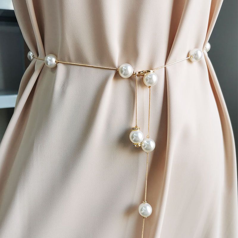 Pearl Women Chain Belt Shell Metal Lady Waist Belts Thin Slim Dress Long Waistbands Straps Banquet Wedding: gold