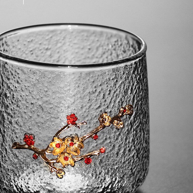 Heat Resistant Glass Coffee Mug with Lid and Spoon Office Silver Inlay Plum Blossom Teacup Transparent Hammer Pattern Milk Cup