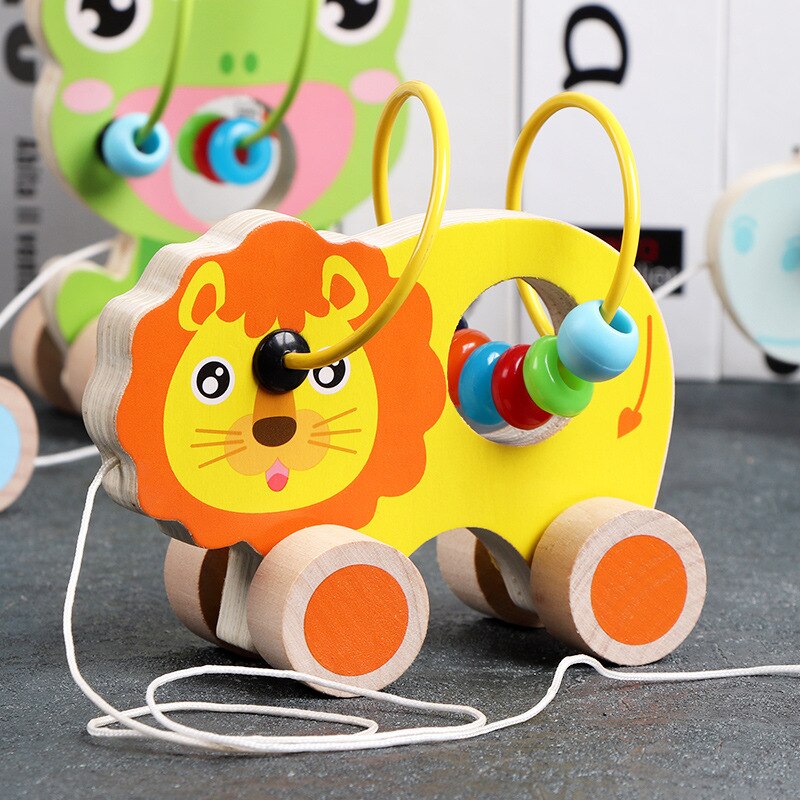 Cartoon Children Drag And Toy Animals Around The Pearl Toy Trailer Colorful Baby Visual Training Toys