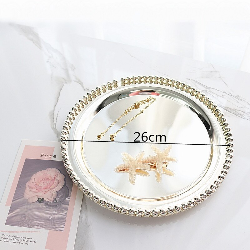 Assiette ronde en métal argenté, plateau de rangement pour bijoux, plateau décoratif pour Snacks, assiette à Dessert, poêle à gâteau, assiettes décoratives pour la maison, ensemble de 3 pièces: diameter 26cm