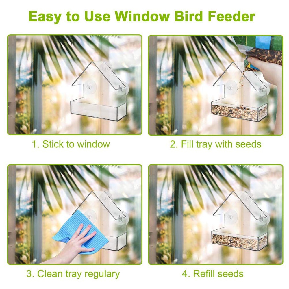 Alimentador de pájaros acrílico transparente, ventana de visualización, comederos, bandeja, casa de pájaros, montaje de ventosa de succión, tipo de casa