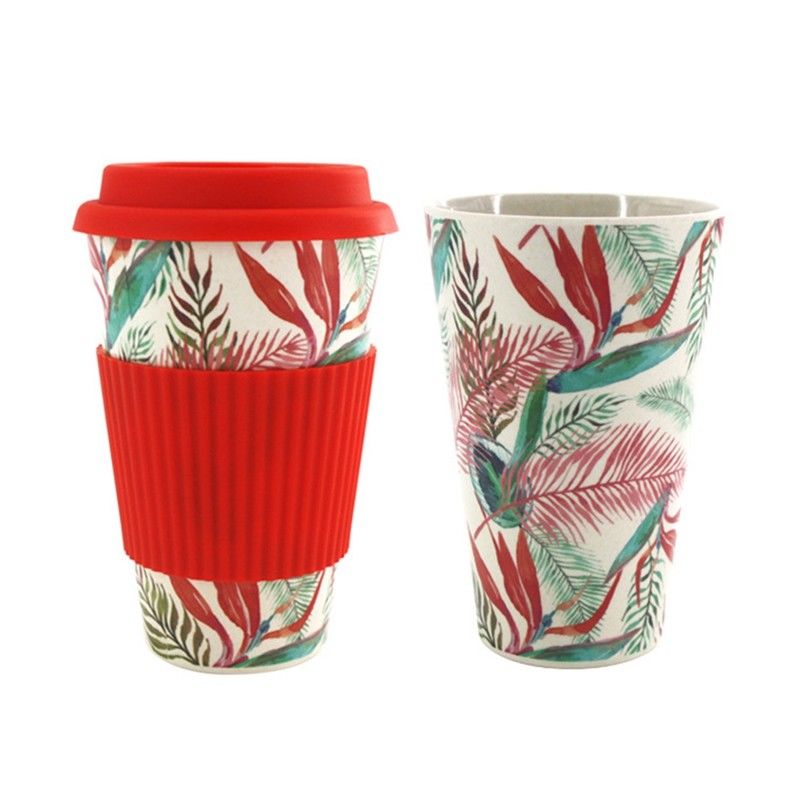 Portable Practical 400ml Reusable Bamboo Fibre Coffee Cups Fashionable Eco Friendly Printing Travel Mugs Useful: Red