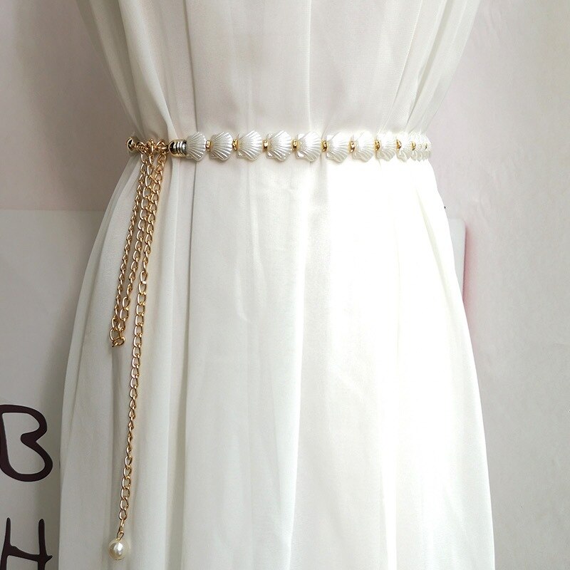 Pearl Women Chain Belt Shell Metal Lady Waist Belts Thin Slim Dress Long Waistbands Straps Banquet Wedding