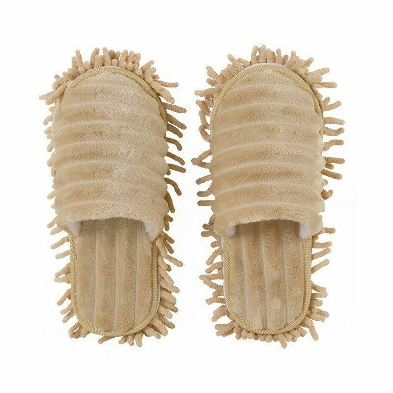 1 Pair Floor Dust Cleaning Foot Shoes Mop Slippers Lazy Quick House Flip Flop Floor Foot Socks Shoes: Beige / M