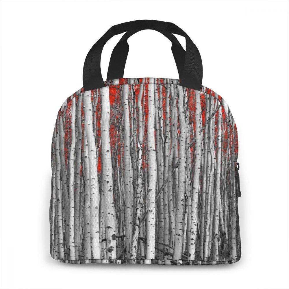 Portable Lunch Bag Grey Birch Tree With Red Leave Thermal Insulated Tote Cooler Bag Bento Pouch Lunch Container Food Storage Bag