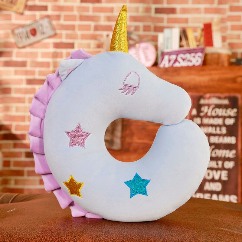Adorable licorne tête en peluche oreiller flou doux en peluche Animal décor oreiller enfants lit lit jeter oreiller: Blue U Shaped