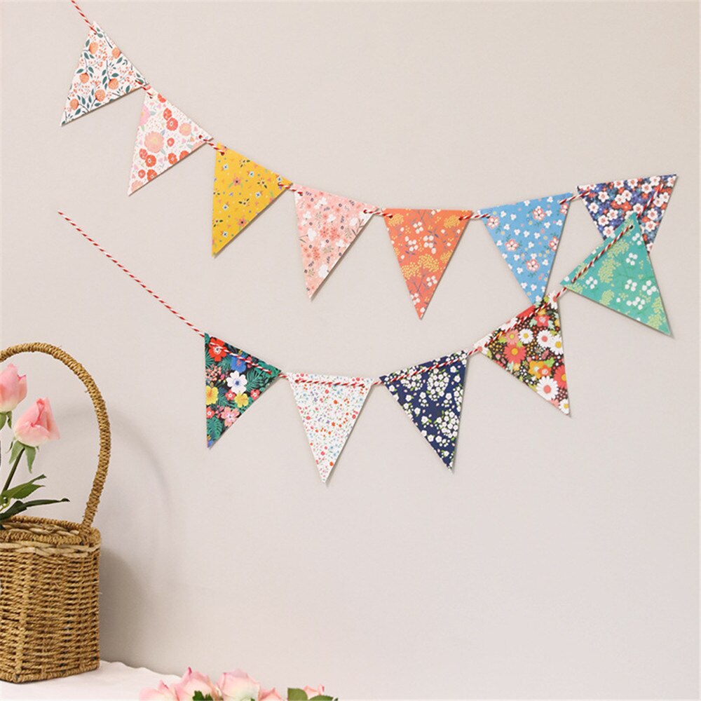 1pcs Vintage Flower Print Flags DIY Fabric Bunting Flags Birthday Party Wedding Festival Pennant String Banner Buntings