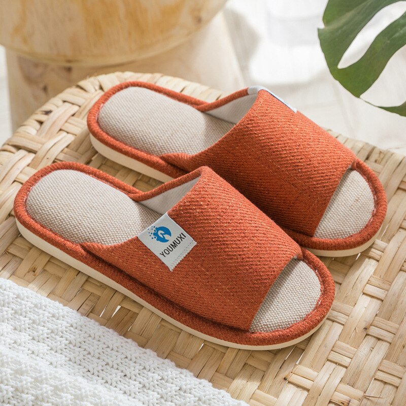 Open Indoor Spring and Autumn Cotton Linen Home Slippers Men 's and Women 's Floor Non-Slip Home Linen Slippers Stall: Khaki / 35-36