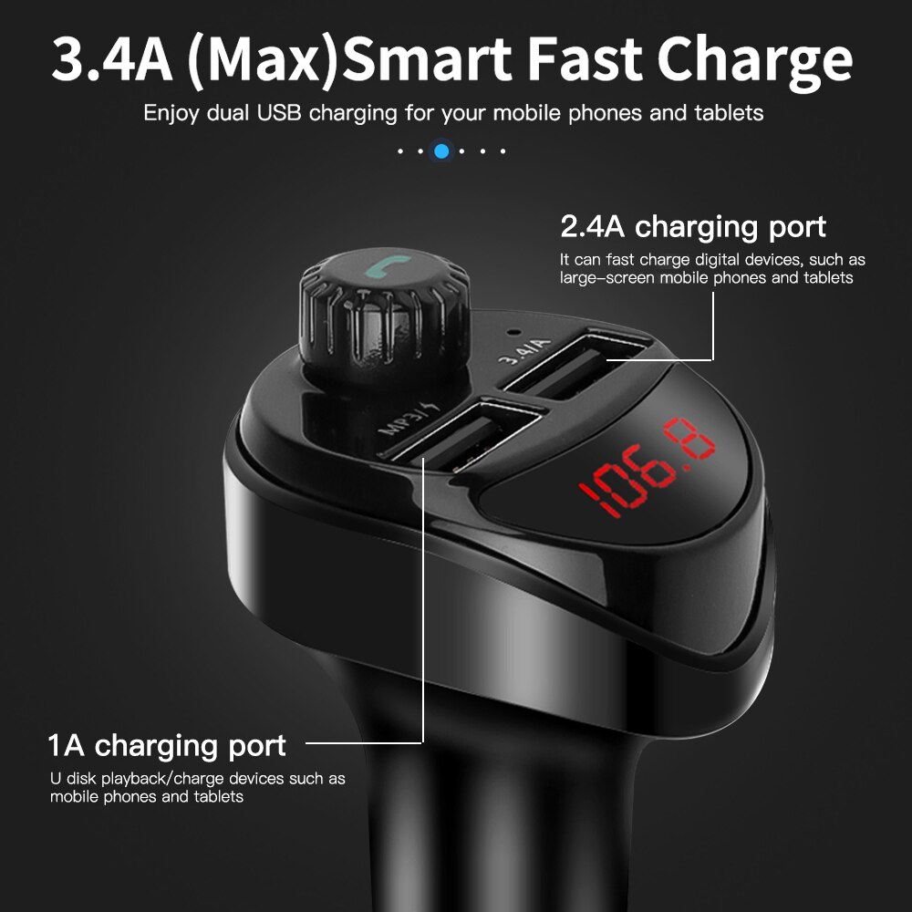 kebidu Car Charger FM Transmitter Bluetooth Car Audio MP3 Player TF Card Car Kit 3.4A Quick Charger Dual USB Car Phone Charger