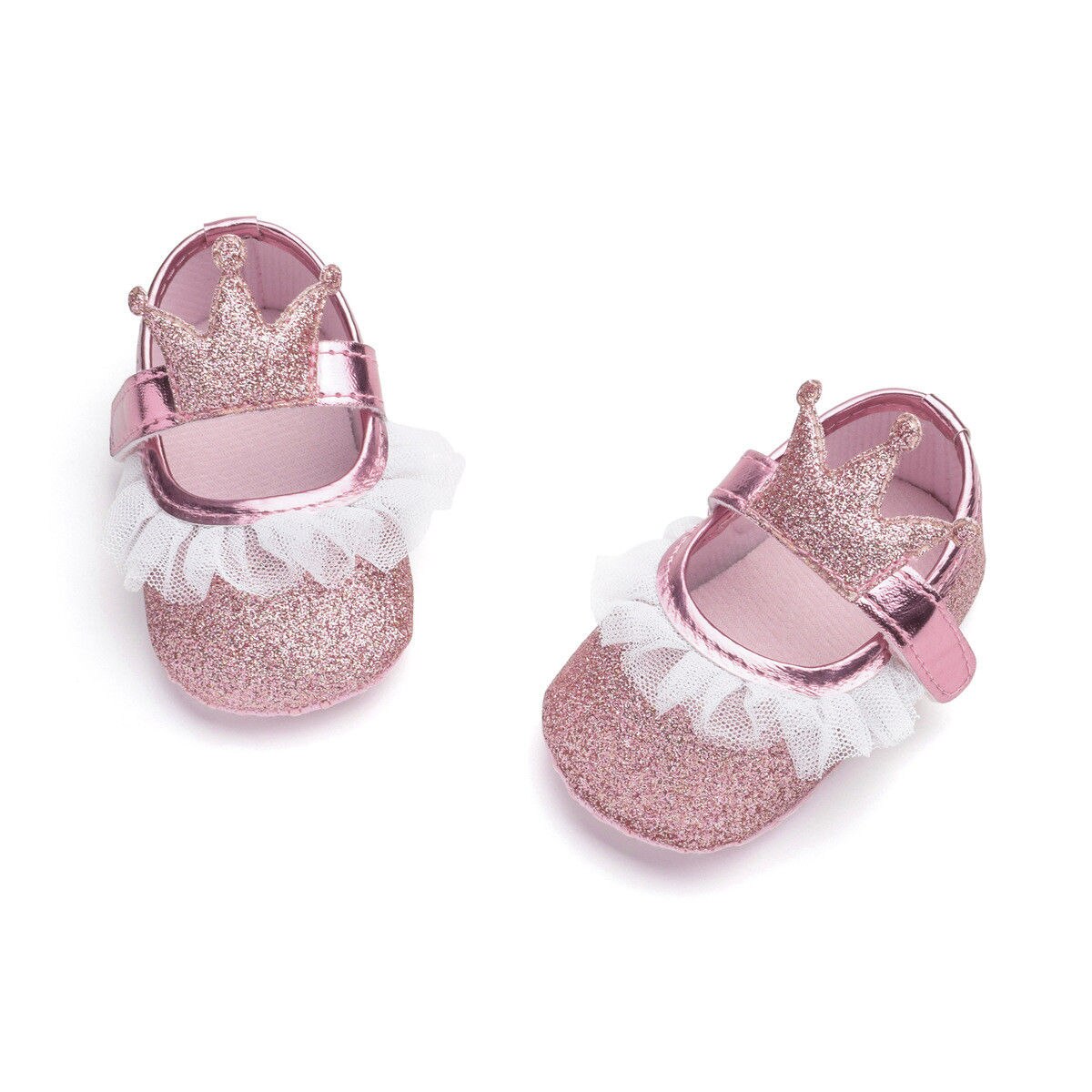 Helt nyfødt spædbarn baby pige prinsesse blonde krone sko pailletter bomuld blød sål krybbe prewalker sko first walkers
