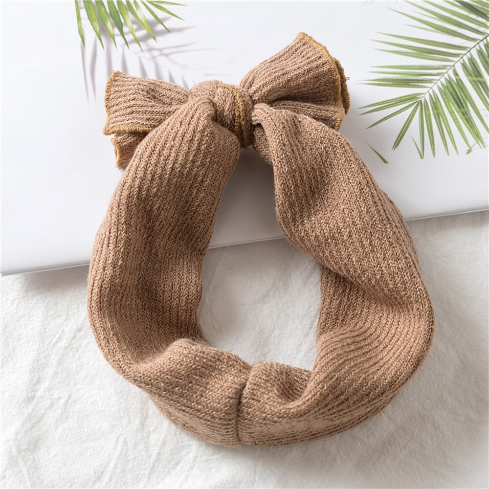 1 Pcs Sweet Baby Bow Knitted Headband Wide Soft Solid Color Crochet Headwrap Elastic Hairband Tiara Winter: khaki