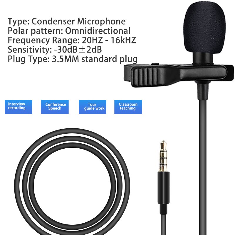 3.5 mm Omnidirectional Microphone Clip Portable Microphone 1.5m Wired Condenser Clip-on Lapel Mic Mini Audio Mic for Phone