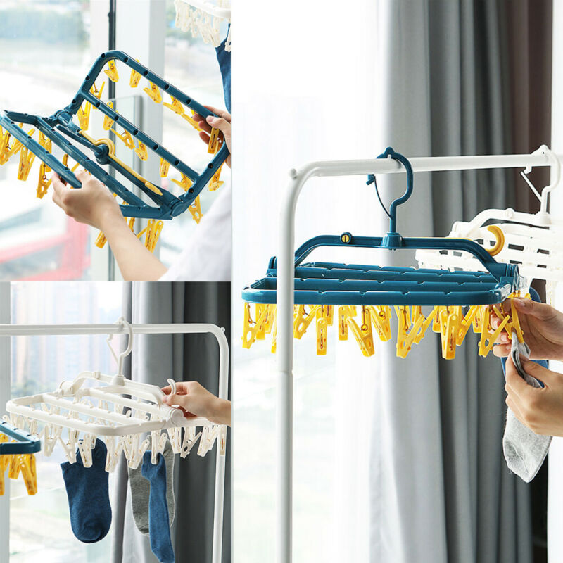 Folding Clothes Hanger Round Drying Rack Laundry Hanger Hook Sock Clothes Hook 32 Clips CollapsibleClothes Peg Hook Airer Dryer
