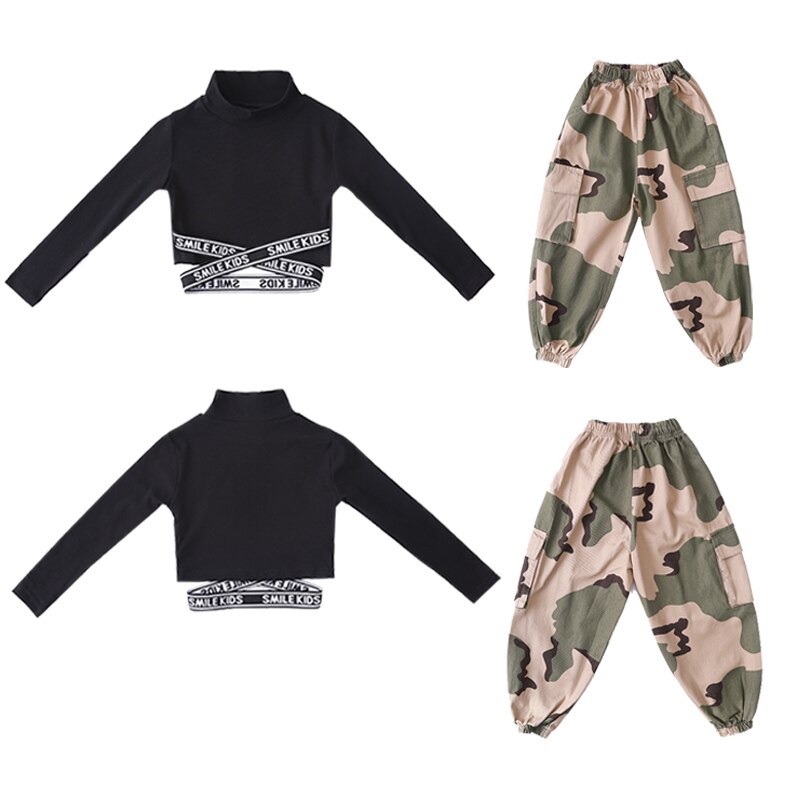 Kids Hip Hop outfits Black Swearshirt Camouflage Pants dancing clothing Girls carnival Jazz Dance Costume Clothes Stage Wear