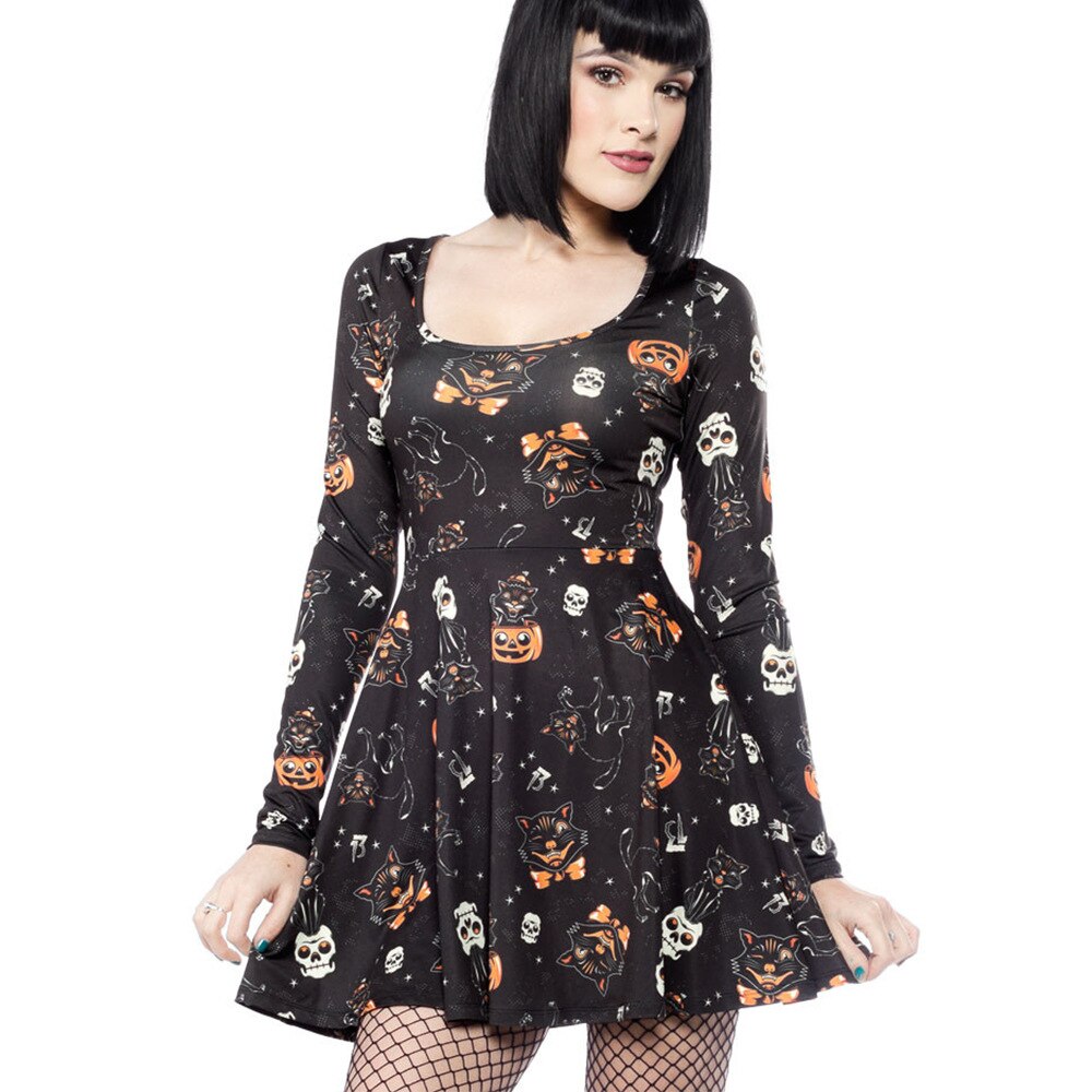 Halloween kostume fest kvinder retro blonder vampyr langærmet vintage kjole en græskar scoop kjole gallatøj