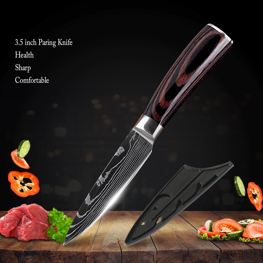 Damask Kitchen Chef Knives Set 7CR17 High Carbon Stainless Steel Sharp Utility Santoku Boning Damascus Pattern Cooking Tools: 3.5 inch Fruit