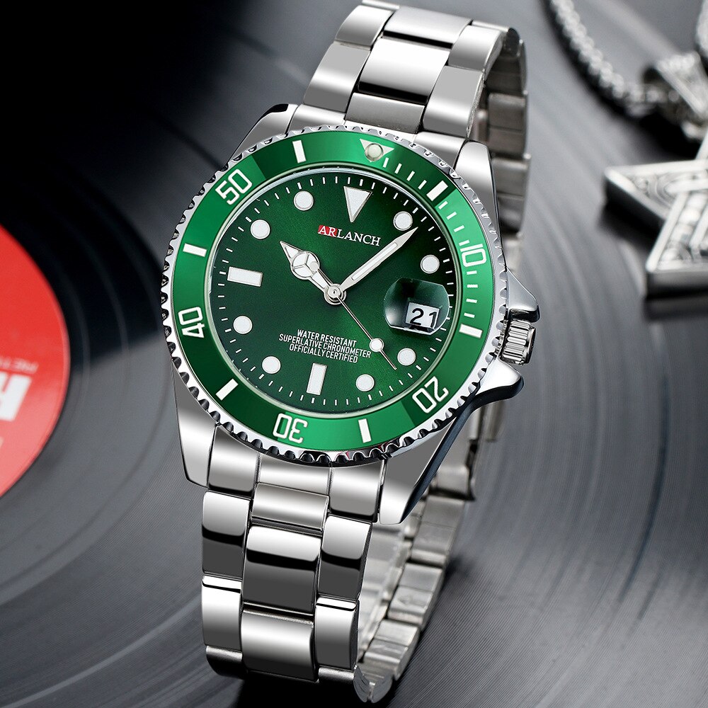Arlanch Mannen Lichtgevende Grote Heren Wijzerplaat Horloges Quartz Horloge Voor Mannen Groene Man Klok Sport Horloge Mannen relogio Masculino