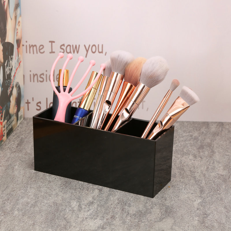 Pinceles de acrílico para maquillaje, caja organizadora con 3 ranuras para agrandar, soporte de lápiz labial, joyero, organizador de maquillaje: Negro