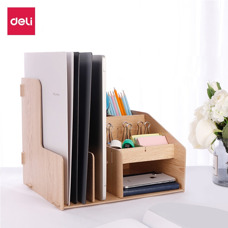 DIY Desktop Wooden Document Tray Storage Box Multifunction Pen Pencil File Holder Office Desk Organizer School Supplies 79250