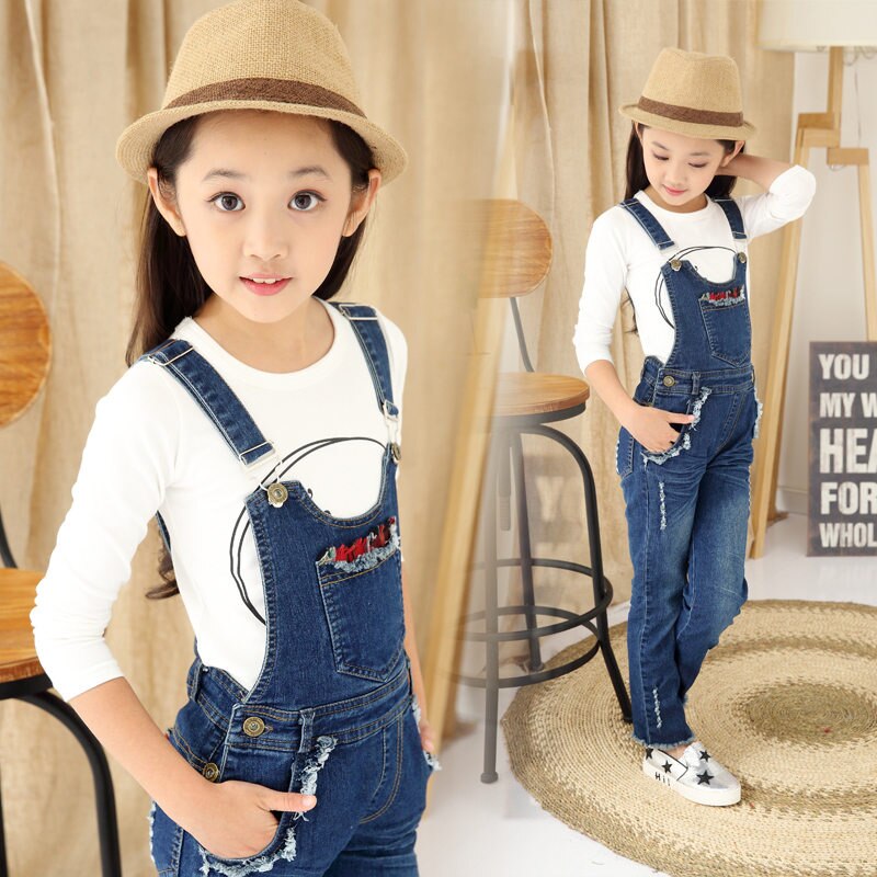 Kids Denim Overalls Jumpsuit Voor Meisjes Gat Gescheurde Jeans Broek Kinderen Denim Bib Jumpsuit Tiener Jeans Broek Jarretel
