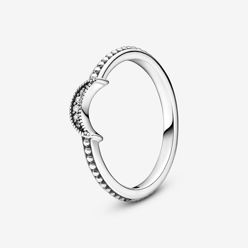 Winter 925 Sterling Silver Ring Crescent Moon Beaded Ring Women Engagement Anniversary Jewelry