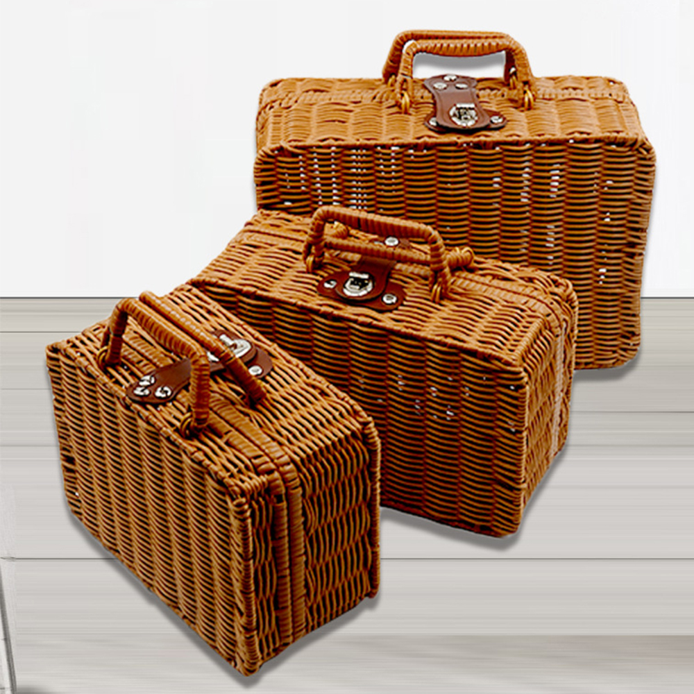 Retro Handwoven Rechthoekige Rieten Handtas, Simulatie Rotan Geweven Koffer Vintage Koffer Opbergdoos Picknick Opbergdoos