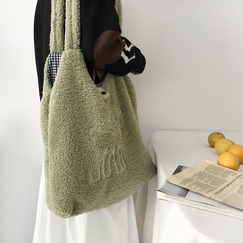 Mulheres cordeiro como tecido bolsa de ombro simples lona bolsa tote grande capacidade bordado sacola de compras bonito livro sacos para meninas