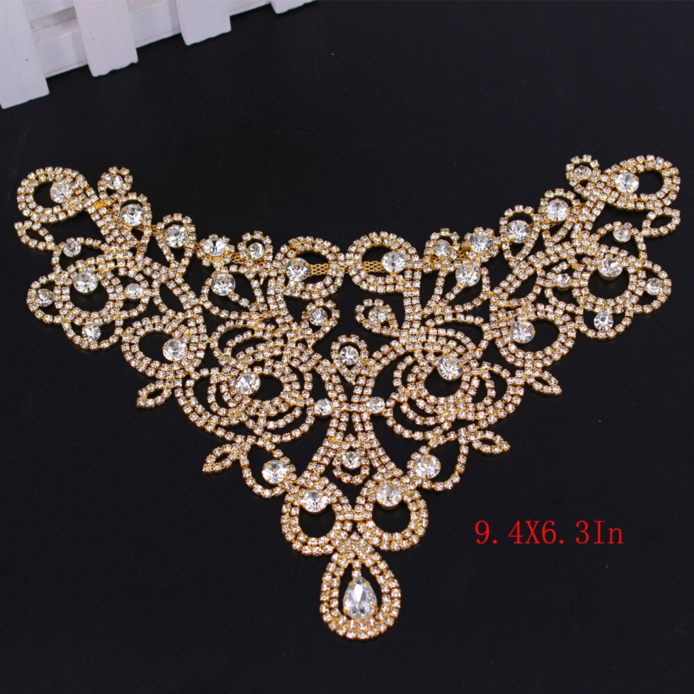 Luxury Handmade Neckline AB Rhinestone Applique Fancy Clothes Flower Applique for Wedding Dress Headband Garter Garment Jewelry: Gold 9.4X6.3In