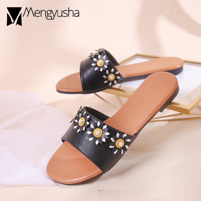 Parel Platte Sandalen Zon Bloem Kralen Slippers Vrouwen Open Teen Lederen Band Flip Flops Antislip Klinknagels Strand Sandalias mujer